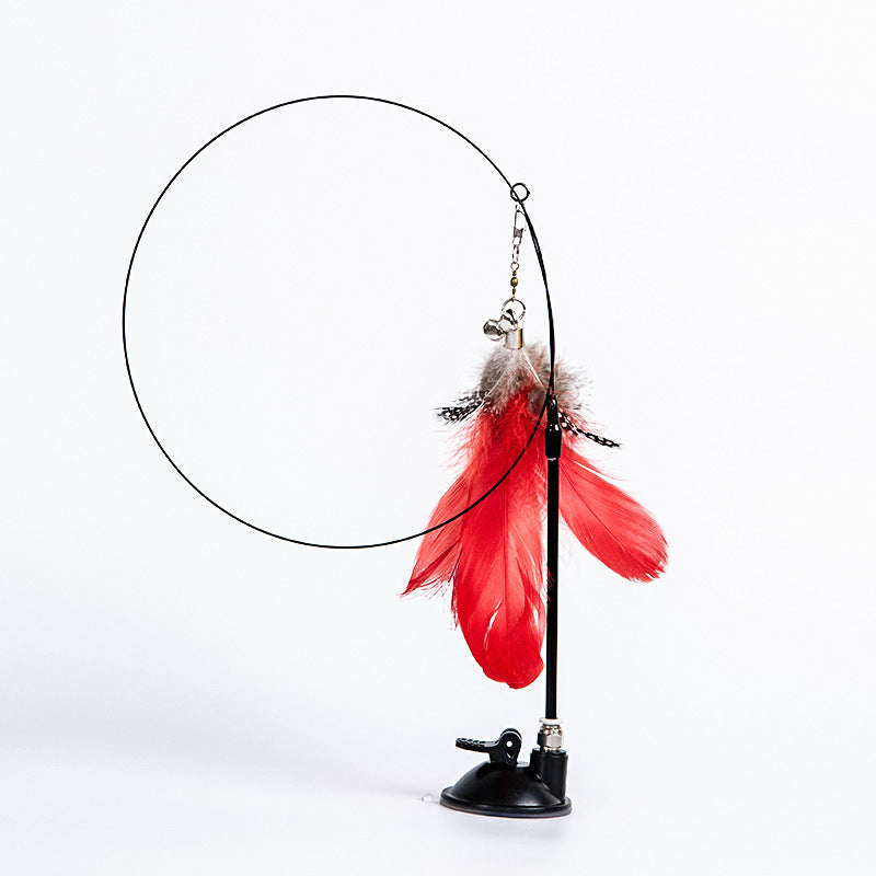 KFX-7771837 Suction Cup Cat Teaser Stick with Elastic Steel Wire and Feather Ends