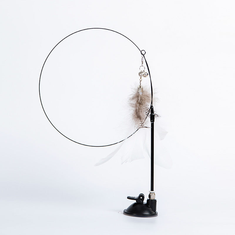 KFX-7771837 Suction Cup Cat Teaser Stick with Elastic Steel Wire and Feather Ends