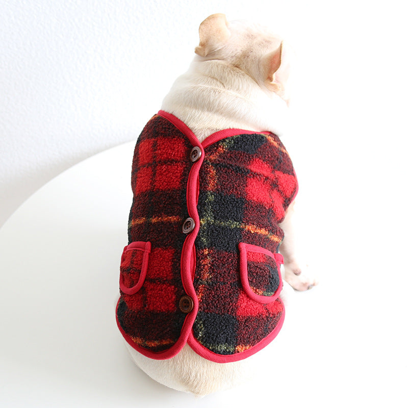 KFX-7777341 French Red Checkered Double Layer Vest for Dogs - Casual Two-Legged Clothing in Sizes XS-XXL