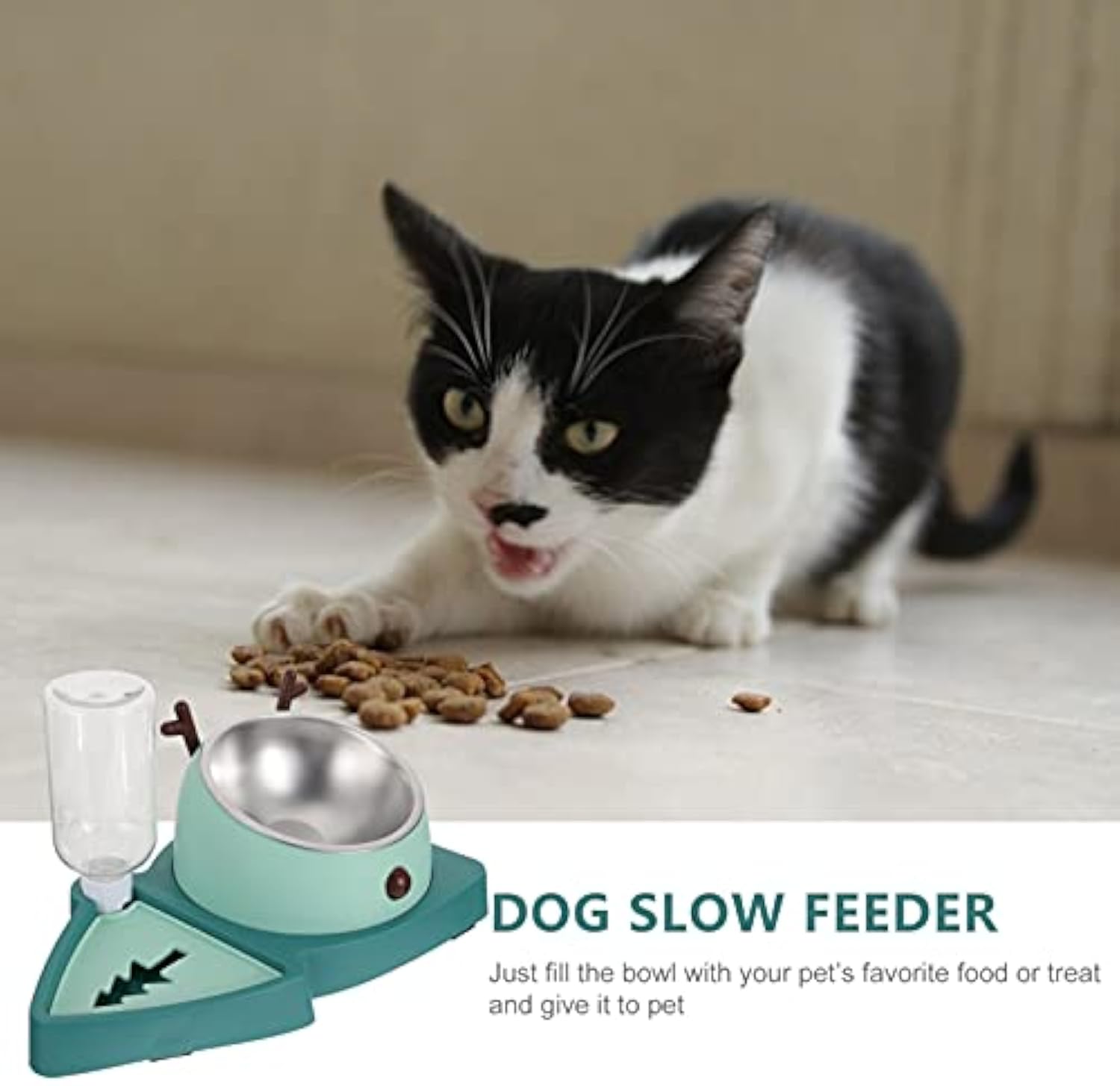 KFX-7780029 Automatic Slow Feeder Pet Bowl with Stainless Steel and Detachable Water Tray for Dogs and Cats