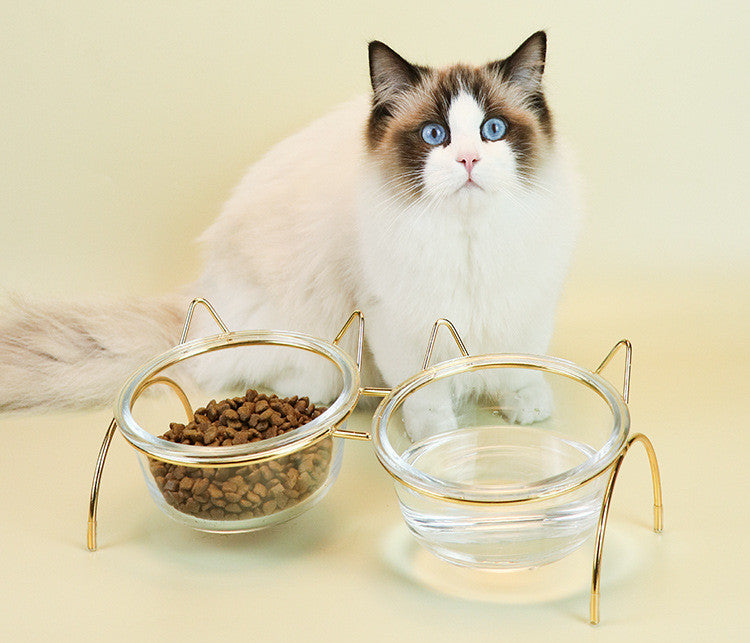 KFX-7788477 Transparent Glass Cat Bowl with Metal Stand for Comfortable Feeding and Drinking