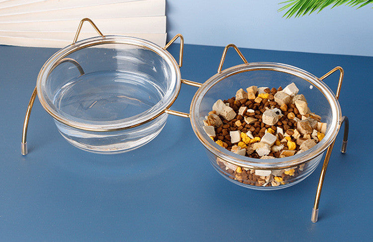 KFX-7788477 Transparent Glass Cat Bowl with Metal Stand for Comfortable Feeding and Drinking
