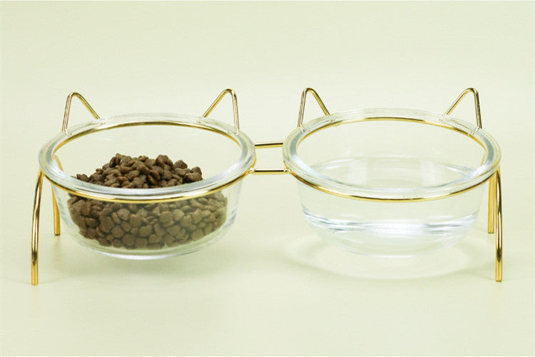 KFX-7788477 Transparent Glass Cat Bowl with Metal Stand for Comfortable Feeding and Drinking