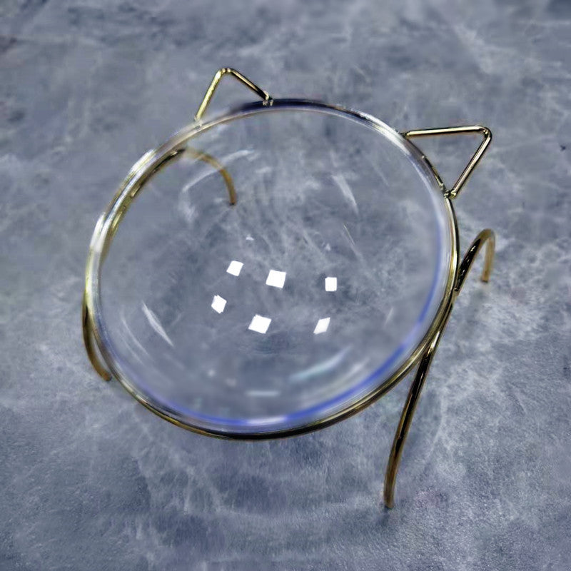 KFX-7788477 Transparent Glass Cat Bowl with Metal Stand for Comfortable Feeding and Drinking