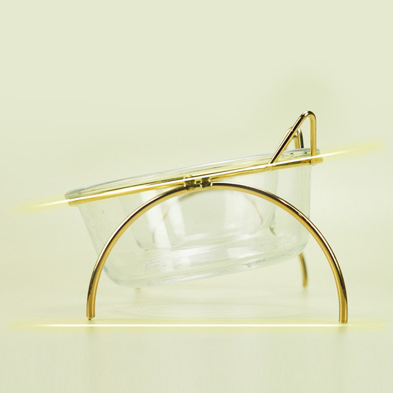 KFX-7788477 Transparent Glass Cat Bowl with Metal Stand for Comfortable Feeding and Drinking