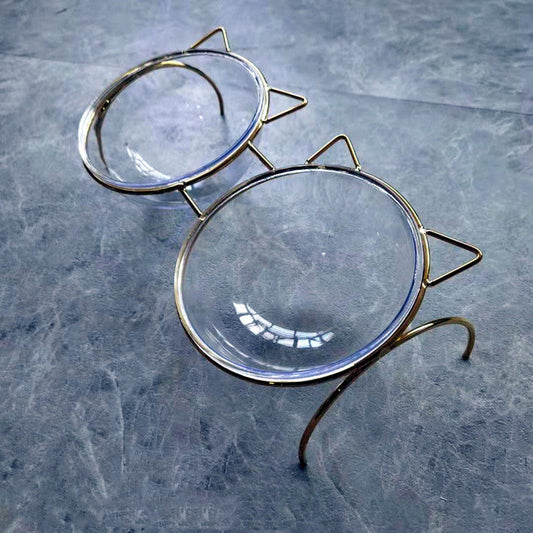 KFX-7788477 Transparent Glass Cat Bowl with Metal Stand for Comfortable Feeding and Drinking