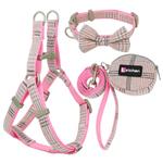 KFX-7801789 Plaid Cotton Pet Leash and Collar Set with Snack Bag for All Dog Breeds