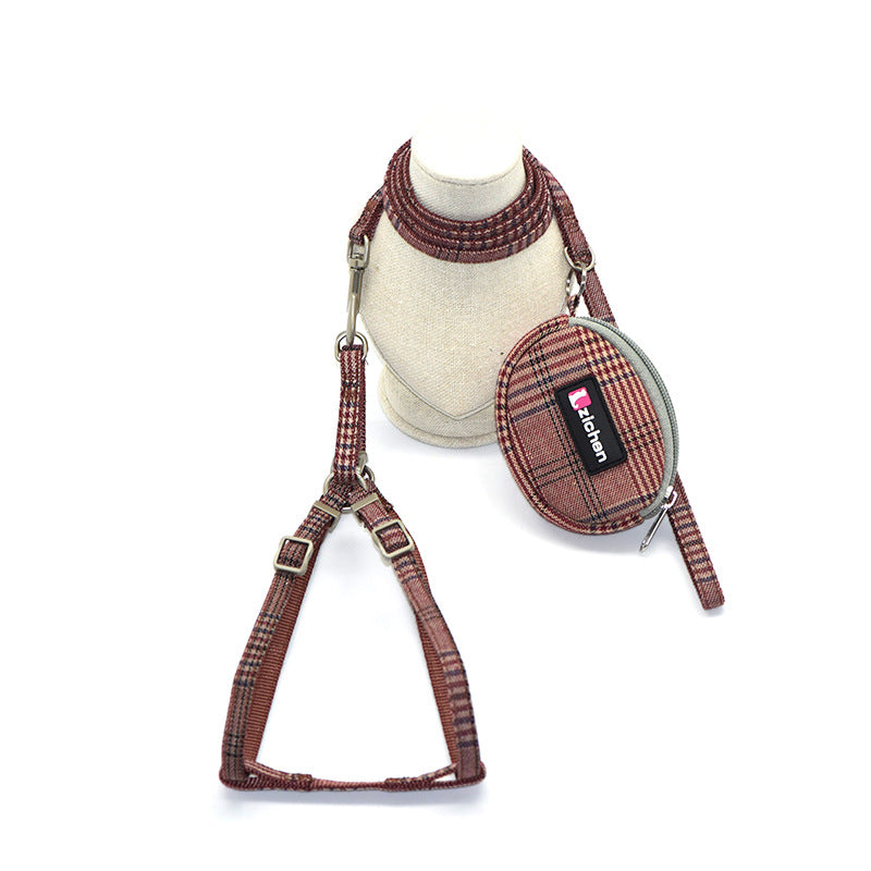 KFX-7801789 Plaid Cotton Pet Leash and Collar Set with Snack Bag for All Dog Breeds