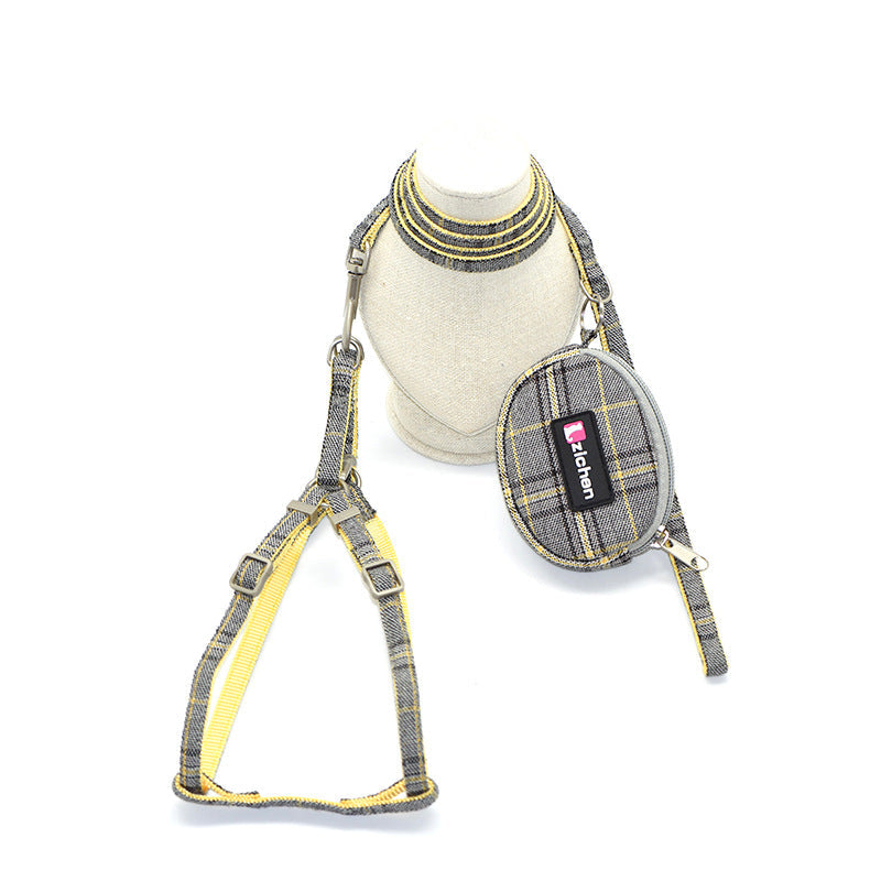 KFX-7801789 Plaid Cotton Pet Leash and Collar Set with Snack Bag for All Dog Breeds