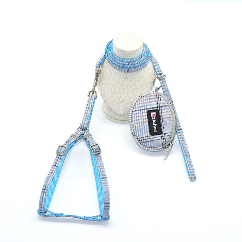 KFX-7801789 Plaid Cotton Pet Leash and Collar Set with Snack Bag for All Dog Breeds