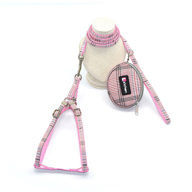 KFX-7801789 Plaid Cotton Pet Leash and Collar Set with Snack Bag for All Dog Breeds