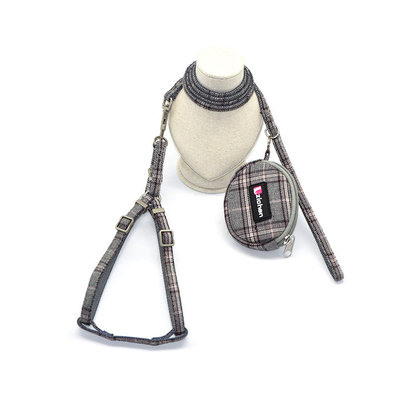 KFX-7801789 Plaid Cotton Pet Leash and Collar Set with Snack Bag for All Dog Breeds