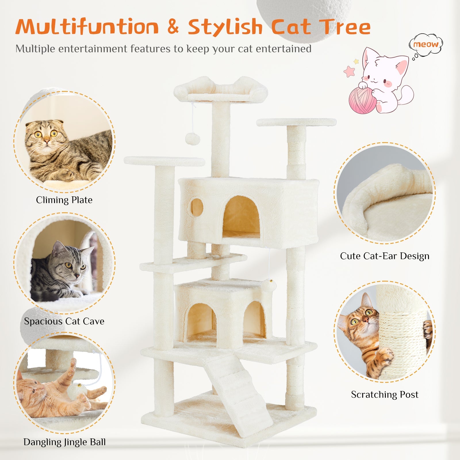 KFX-7803069 Multi-Functional Cat Treehouse with Climbing Frame - Beige & Deep Blue Options, 50x50x135 cm