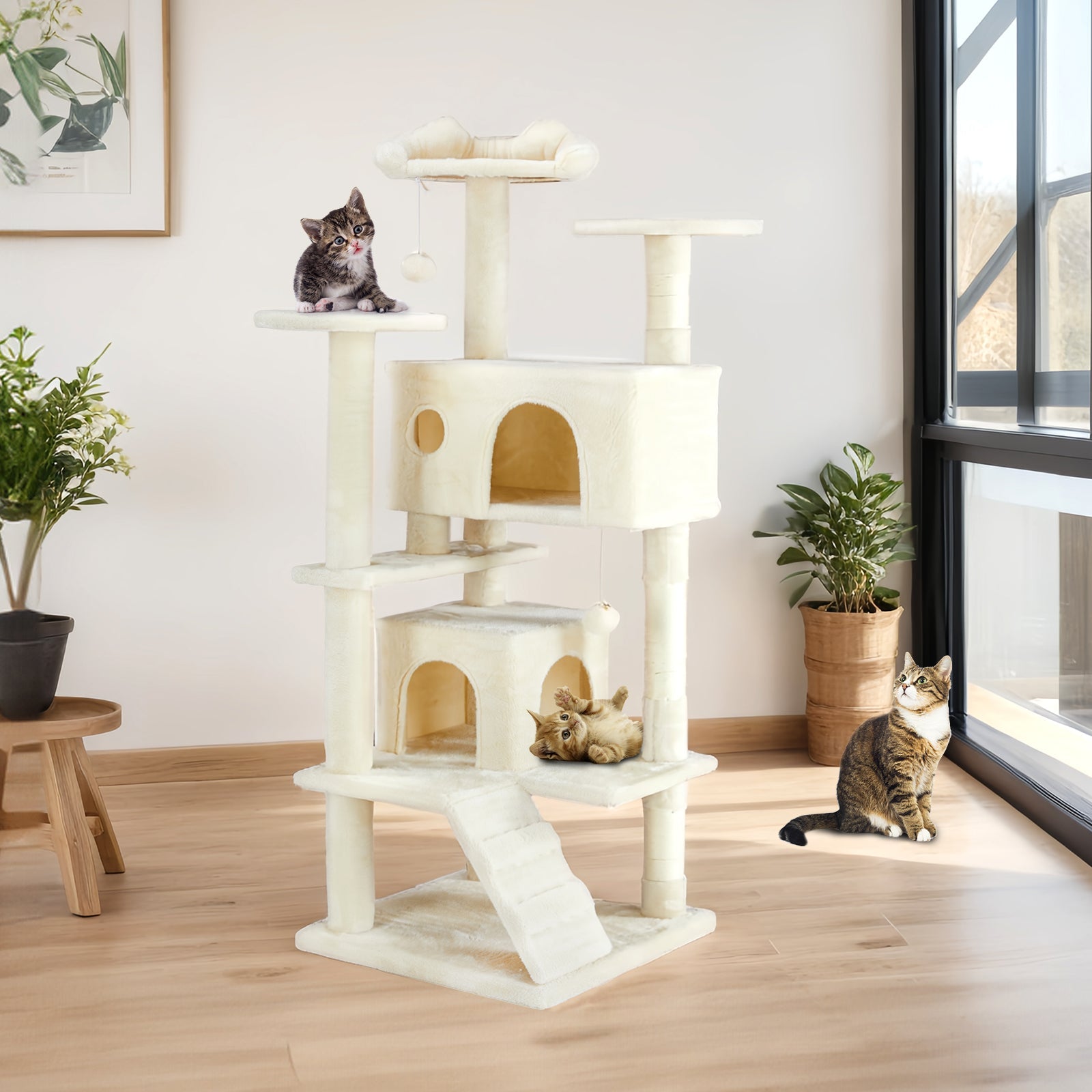 KFX-7803069 Multi-Functional Cat Treehouse with Climbing Frame - Beige & Deep Blue Options, 50x50x135 cm