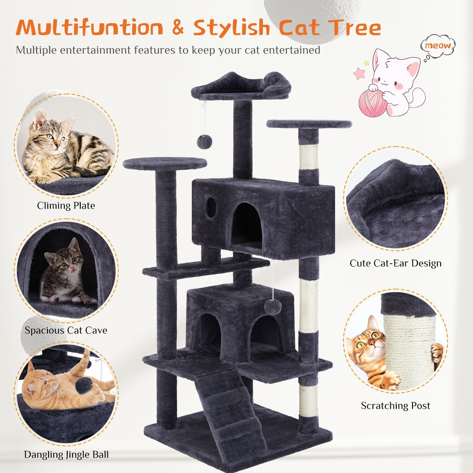 KFX-7803069 Multi-Functional Cat Treehouse with Climbing Frame - Beige & Deep Blue Options, 50x50x135 cm