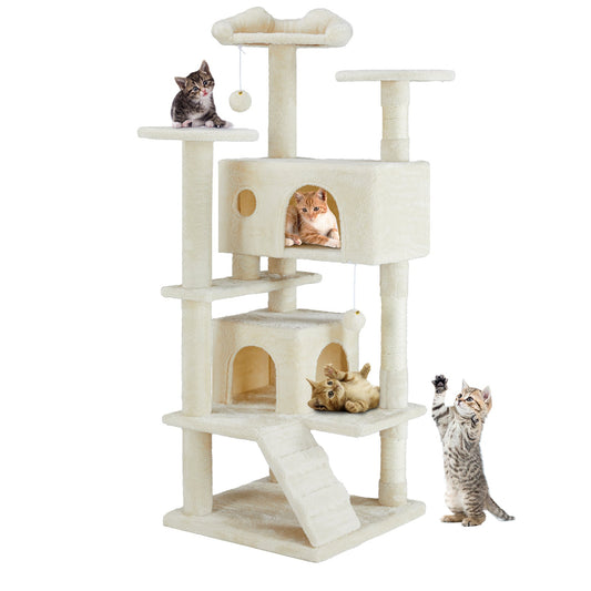 KFX-7803069 Multi-Functional Cat Treehouse with Climbing Frame - Beige & Deep Blue Options, 50x50x135 cm