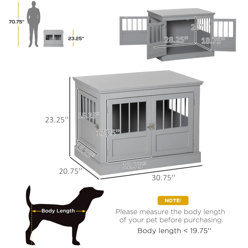KFX-7803453 Cozy Dark Gray Wooden Dog Crate End Table with Triple Doors for Small Dogs