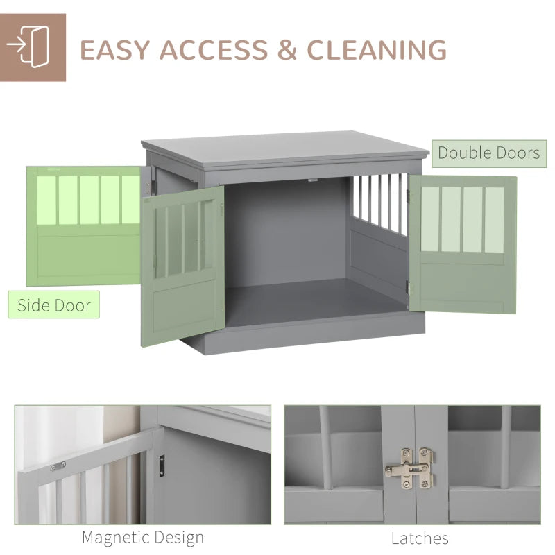KFX-7803453 Cozy Dark Gray Wooden Dog Crate End Table with Triple Doors for Small Dogs