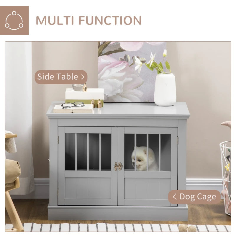 KFX-7803453 Cozy Dark Gray Wooden Dog Crate End Table with Triple Doors for Small Dogs