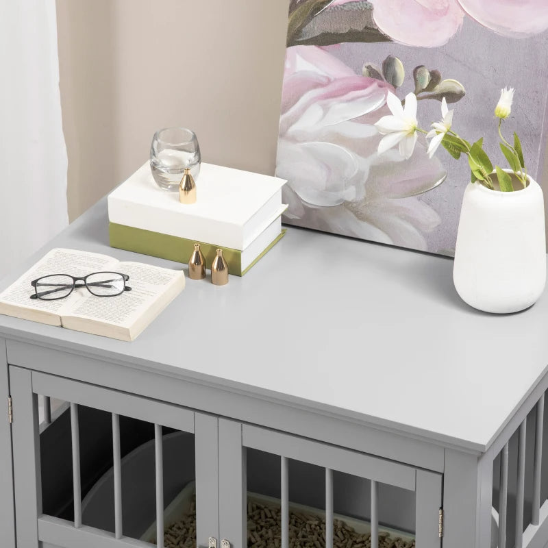 KFX-7803453 Cozy Dark Gray Wooden Dog Crate End Table with Triple Doors for Small Dogs