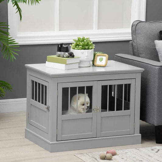KFX-7803453 Cozy Dark Gray Wooden Dog Crate End Table with Triple Doors for Small Dogs