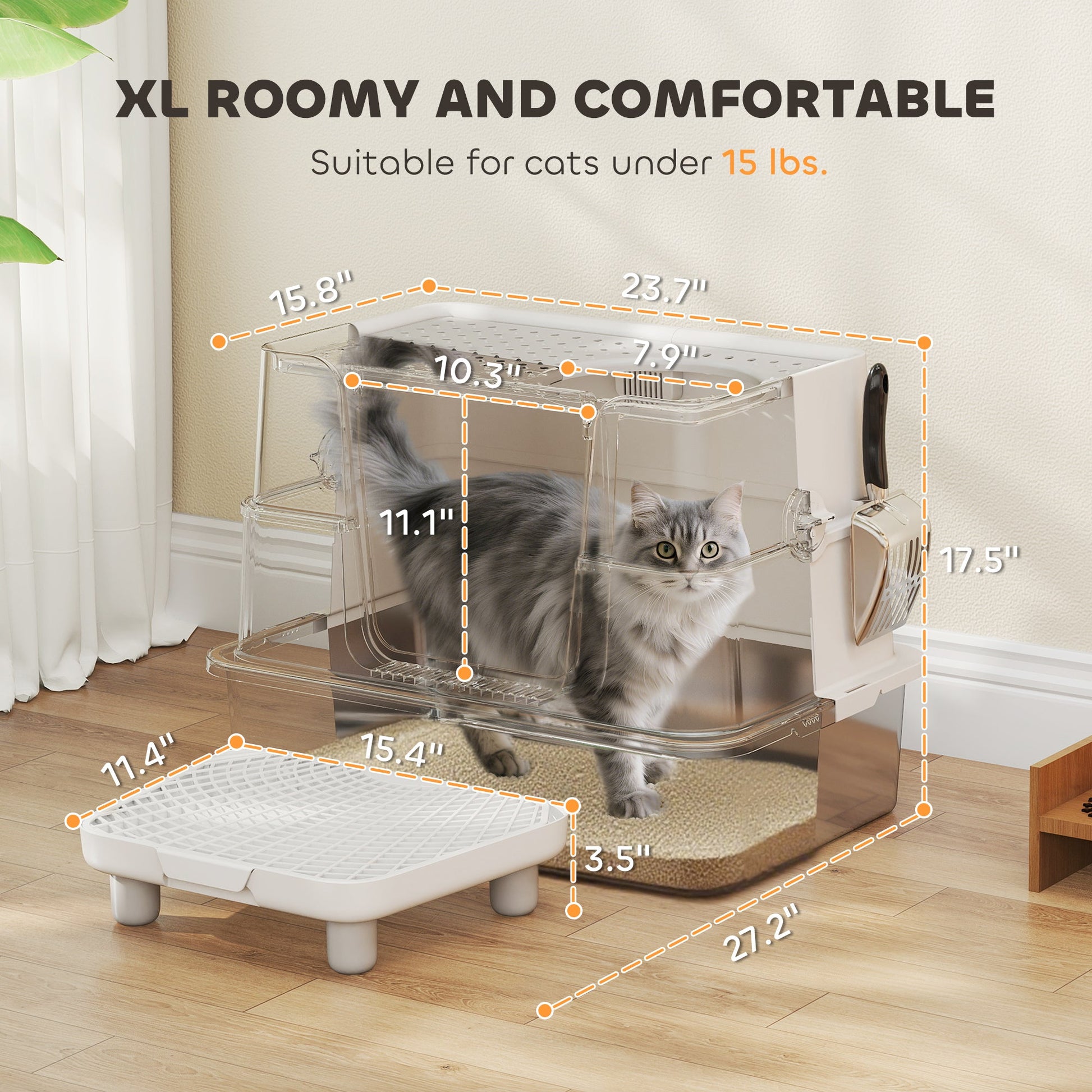 KFX-7811005 XL Stainless Steel Enclosed Litter Box with Flip Top and Dual Entry for Large Cats