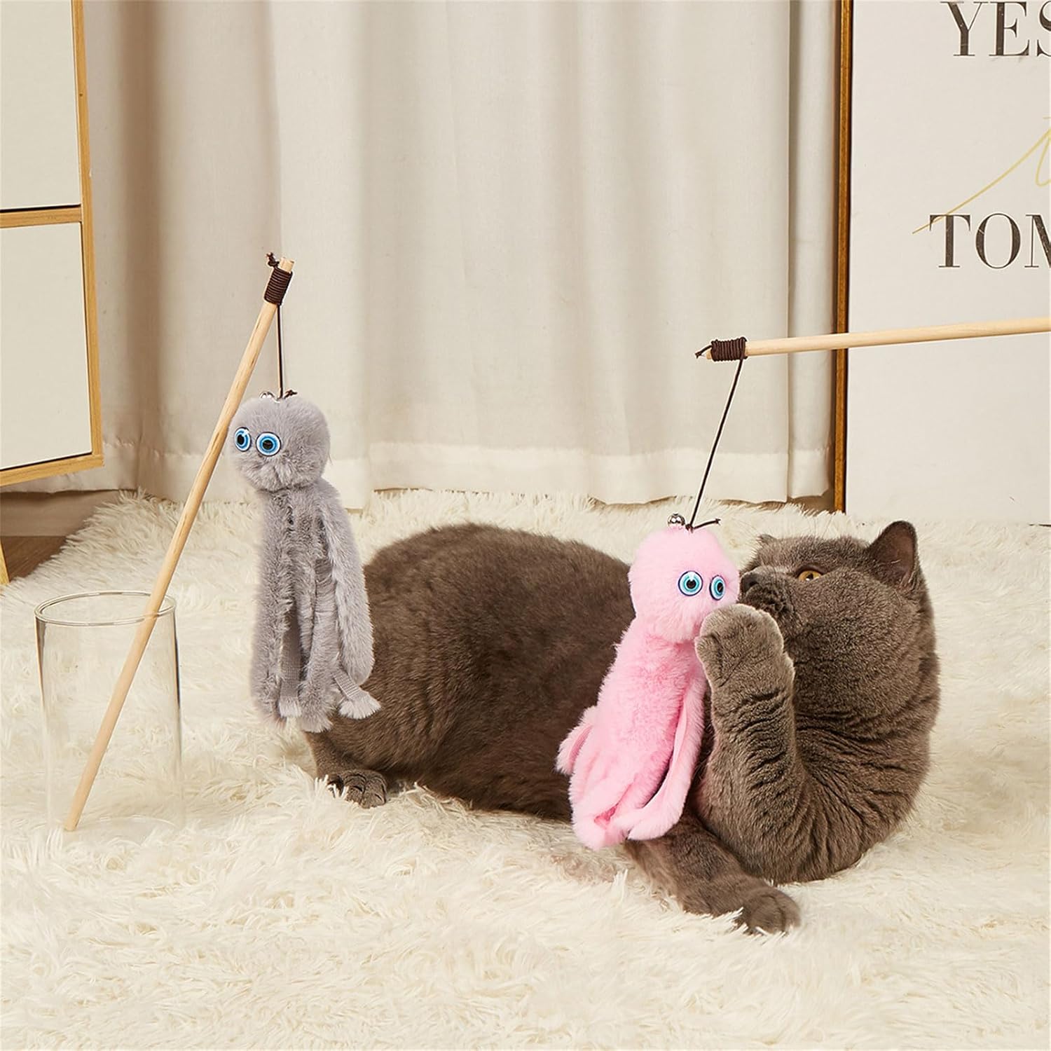 KFX-7812797 Furry Octopus Cat Toy with Long Stick - Indoor Play for Kittens and Cats