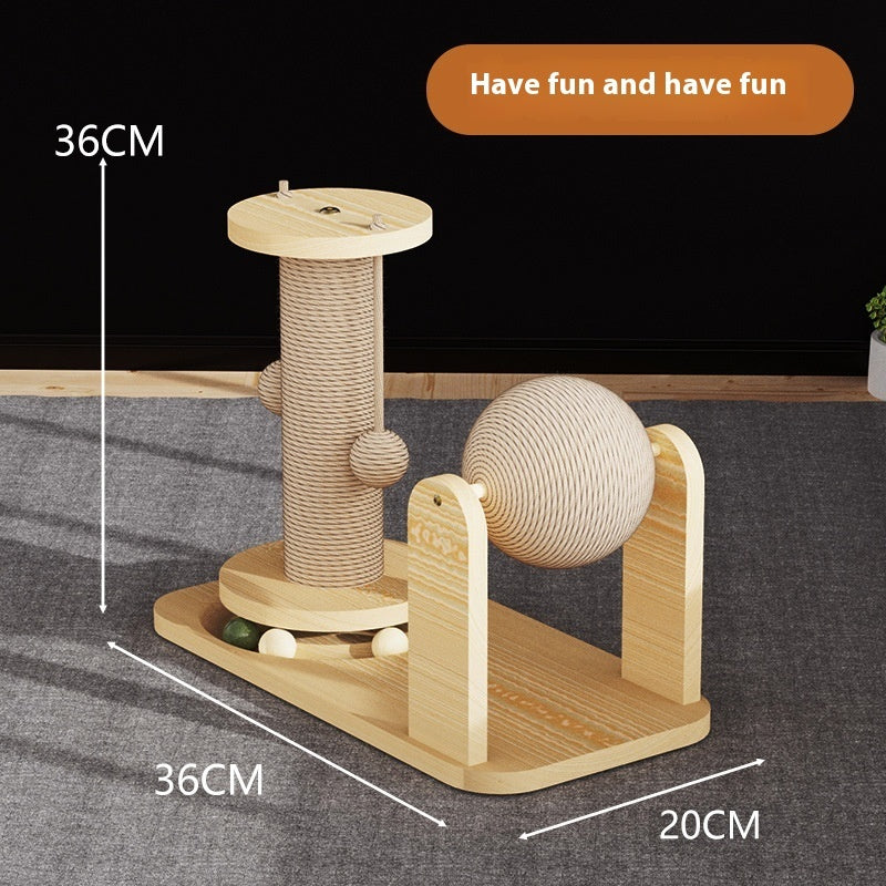 KFX-7827005 Cat Scratch Board Toy Turntable with Teasing Balls for Cats - Solid Wood Design