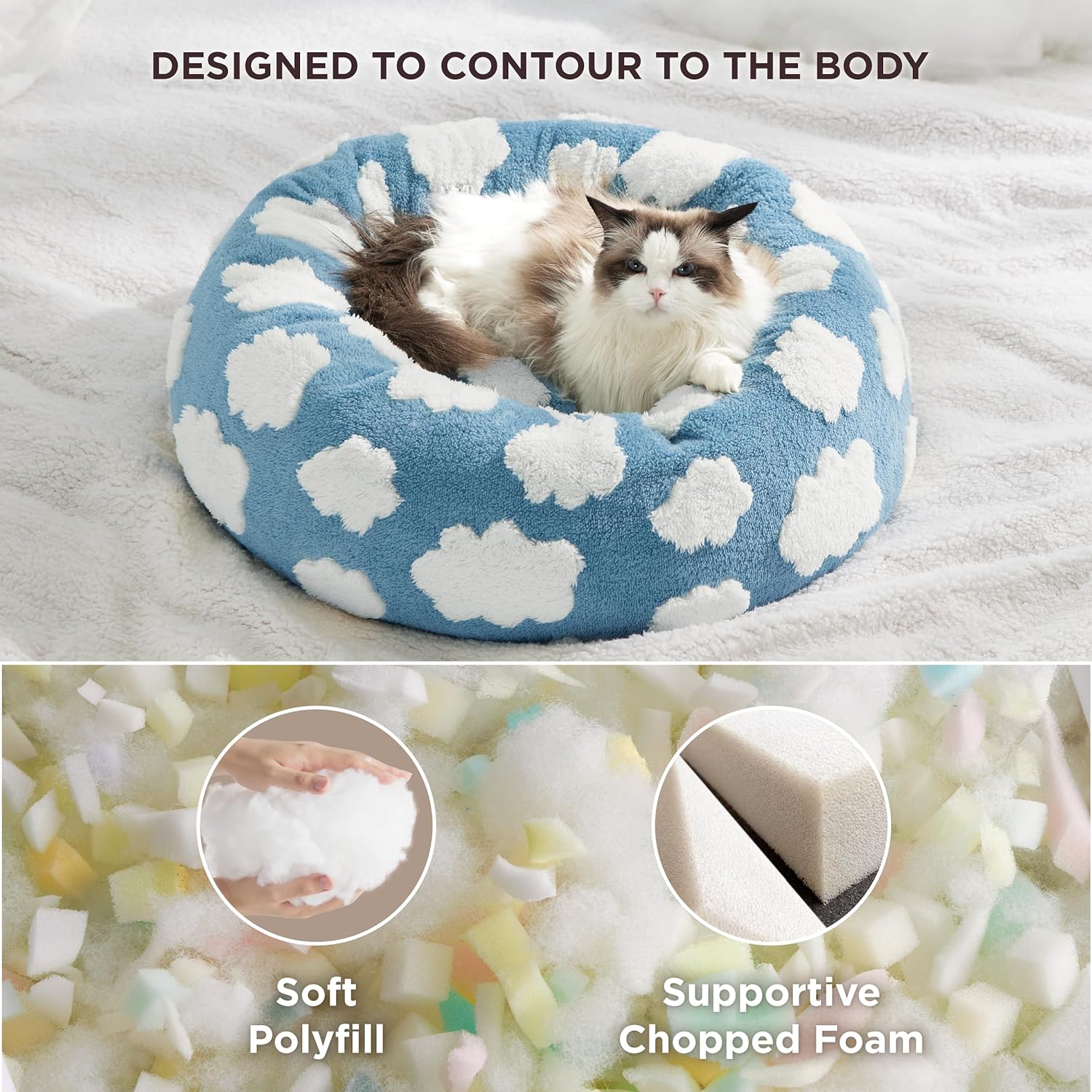 KFX-7828285 Cozy Calming Cat Bed - Round Donut Design with Shaggy Plush and Anti-Slip Base for Indoor Cats