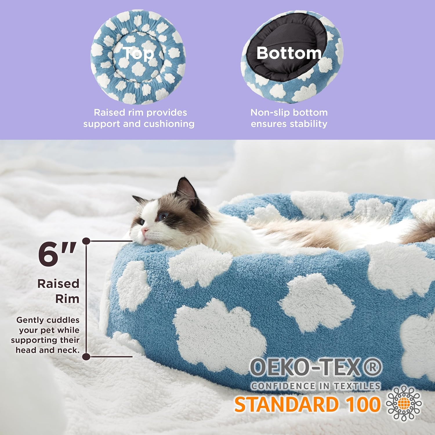 KFX-7828285 Cozy Calming Cat Bed - Round Donut Design with Shaggy Plush and Anti-Slip Base for Indoor Cats
