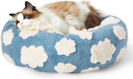 KFX-7828285 Cozy Calming Cat Bed - Round Donut Design with Shaggy Plush and Anti-Slip Base for Indoor Cats
