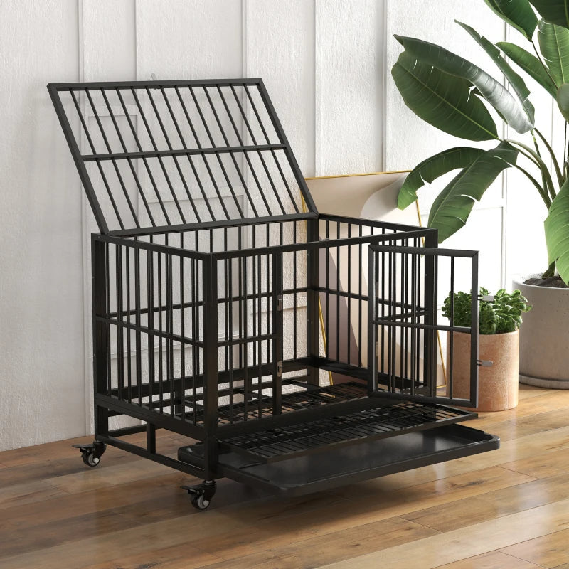 KFX-7836221 Heavy Duty Metal Dog Crate with Lockable Wheels, Double Doors, and Removable Tray - Gray