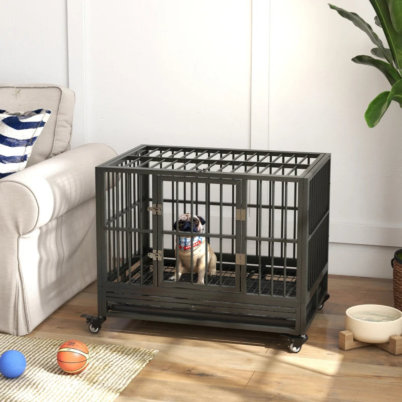 KFX-7836221 Heavy Duty Metal Dog Crate with Lockable Wheels, Double Doors, and Removable Tray - Gray
