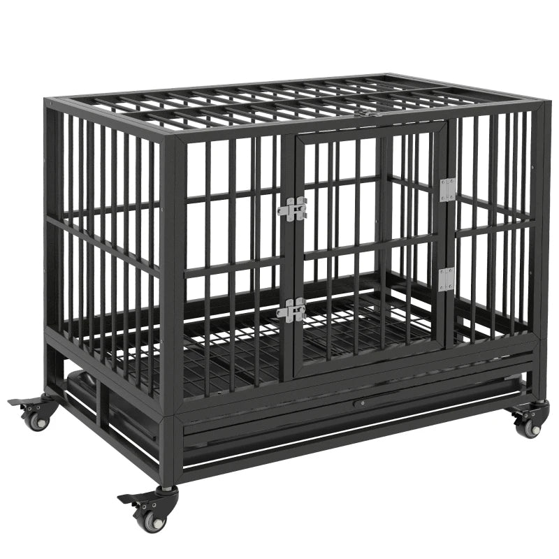 KFX-7836221 Heavy Duty Metal Dog Crate with Lockable Wheels, Double Doors, and Removable Tray - Gray