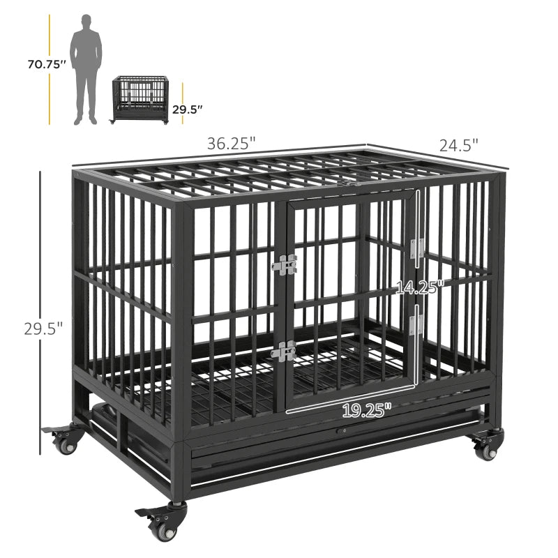 KFX-7836221 Heavy Duty Metal Dog Crate with Lockable Wheels, Double Doors, and Removable Tray - Gray