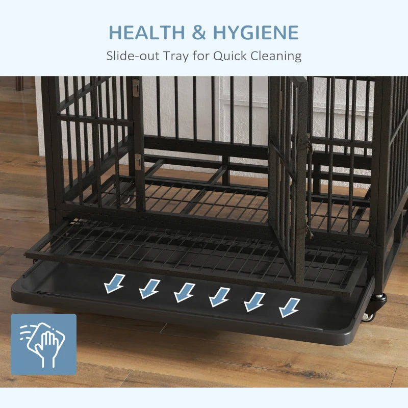 KFX-7836221 Heavy Duty Metal Dog Crate with Lockable Wheels, Double Doors, and Removable Tray - Gray