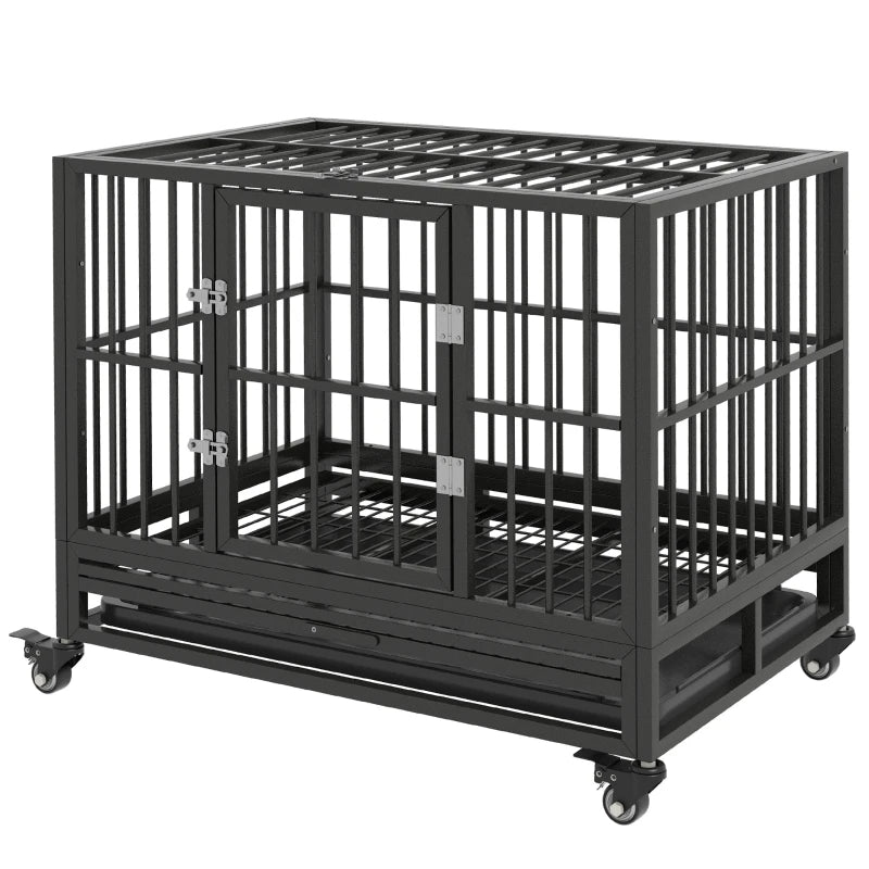 KFX-7836221 Heavy Duty Metal Dog Crate with Lockable Wheels, Double Doors, and Removable Tray - Gray