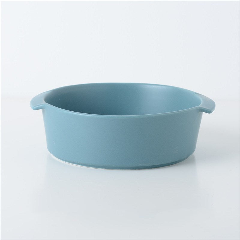 KFX-7838525 Ceramic Medium Dog Food Bowl with Anti-Scalding Double-Ear Design - Available in Green, Dark Blue, Avocado Green, and Yellow