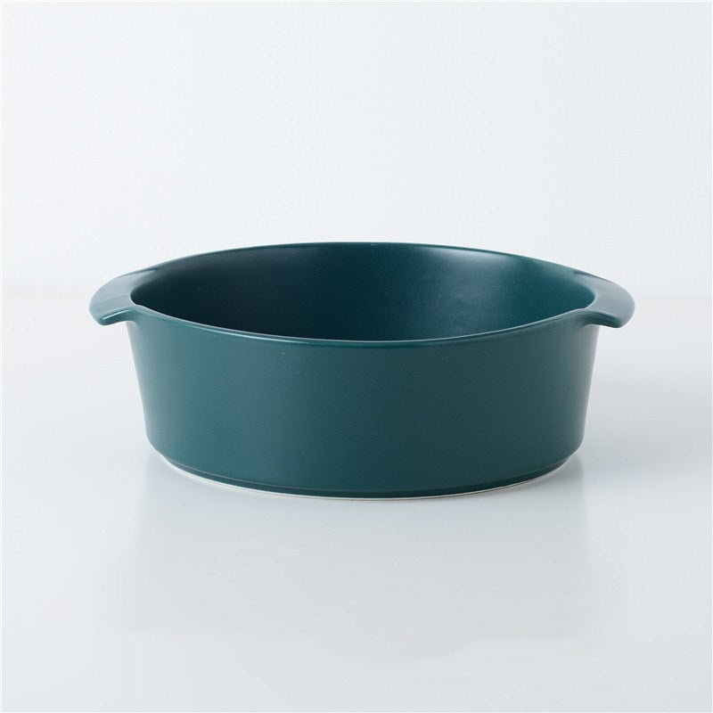 KFX-7838525 Ceramic Medium Dog Food Bowl with Anti-Scalding Double-Ear Design - Available in Green, Dark Blue, Avocado Green, and Yellow