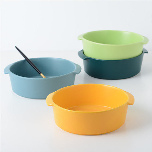 KFX-7838525 Ceramic Medium Dog Food Bowl with Anti-Scalding Double-Ear Design - Available in Green, Dark Blue, Avocado Green, and Yellow