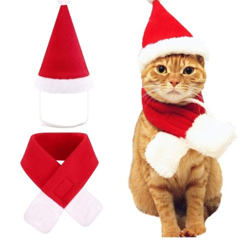 KFX-7839933 Christmas Hat and Scarf Set for Cats and Dogs - Red Short Plush, One Size