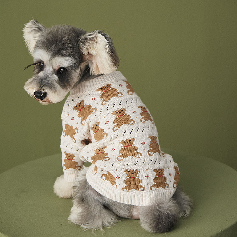 KFX-7846077 Cute Casual Wool Sweater for Pomeranians - Beige Bear Design, Various Sizes Available