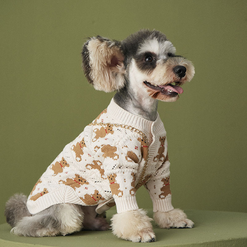 KFX-7846077 Cute Casual Wool Sweater for Pomeranians - Beige Bear Design, Various Sizes Available