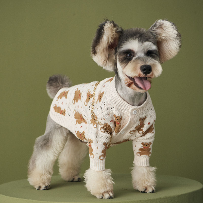 KFX-7846077 Cute Casual Wool Sweater for Pomeranians - Beige Bear Design, Various Sizes Available