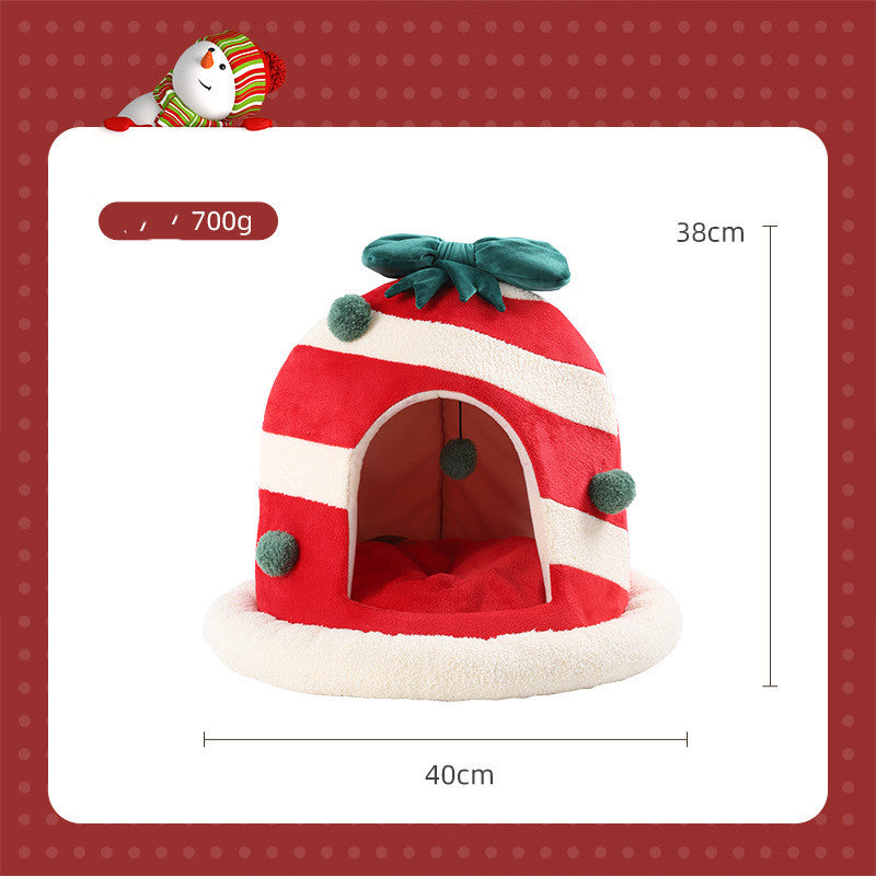 KFX-7853885 Cozy Enclosed Dual-Use Christmas Cat Bed with Jingle Bell and Plush Fabric