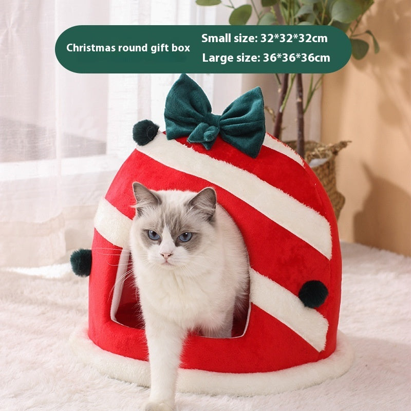 KFX-7853885 Cozy Enclosed Dual-Use Christmas Cat Bed with Jingle Bell and Plush Fabric