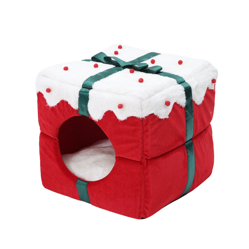 KFX-7853885 Cozy Enclosed Dual-Use Christmas Cat Bed with Jingle Bell and Plush Fabric