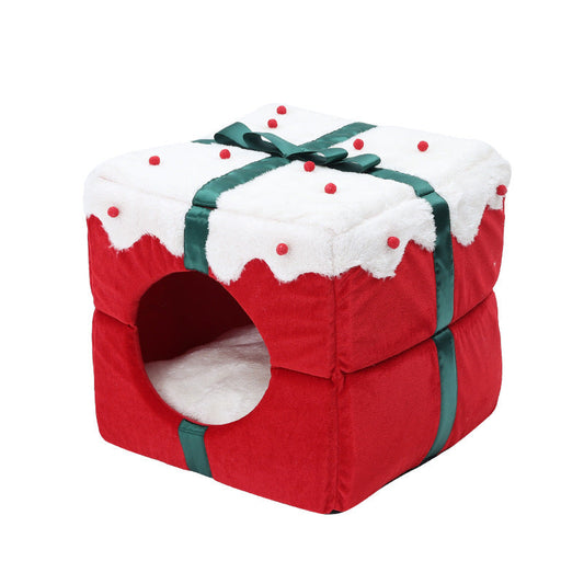 KFX-7853885 Cozy Enclosed Dual-Use Christmas Cat Bed with Jingle Bell and Plush Fabric