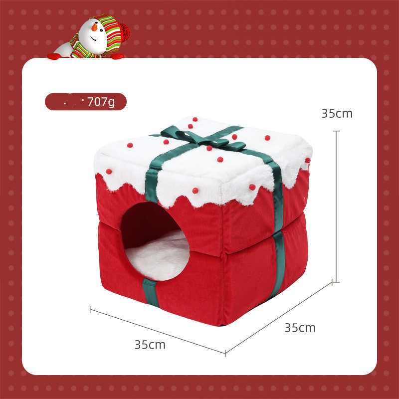 KFX-7853885 Cozy Enclosed Dual-Use Christmas Cat Bed with Jingle Bell and Plush Fabric