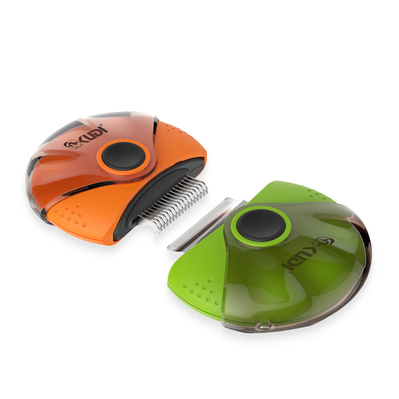 KFX-7870909 Three-In-One Pet Comb Brush in Orange and Green, Durable ABS/PC/Stainless Steel, Compact Size 98x95x35mm